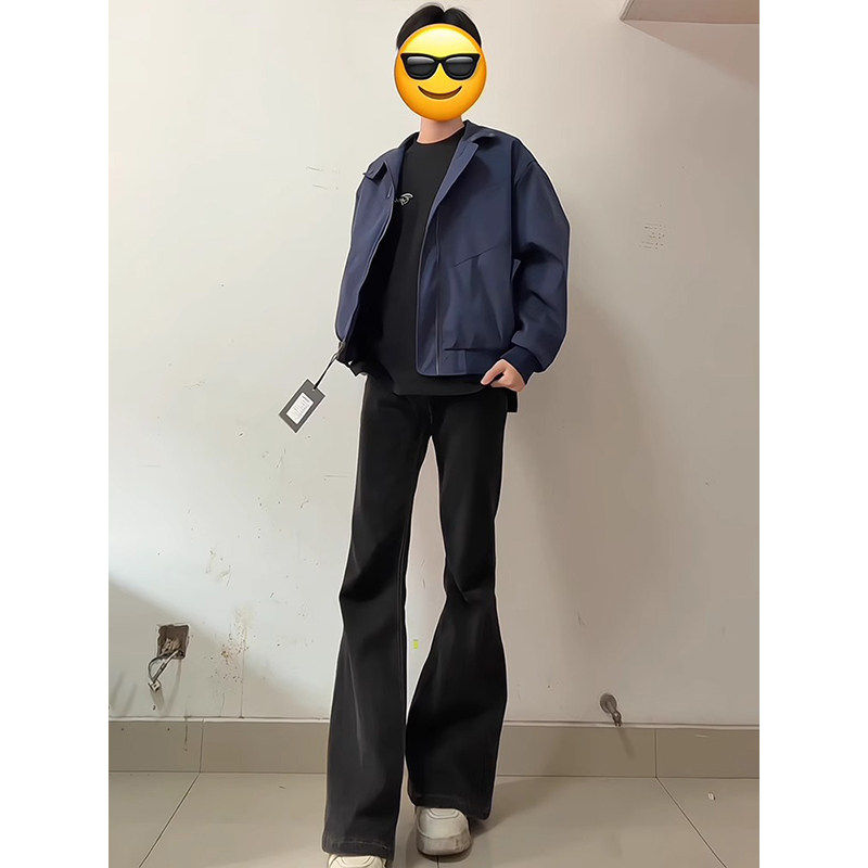 Saiw黑色微喇叭裤子男款春秋高个子加长弯刀牛仔裤修身弹力直筒裤