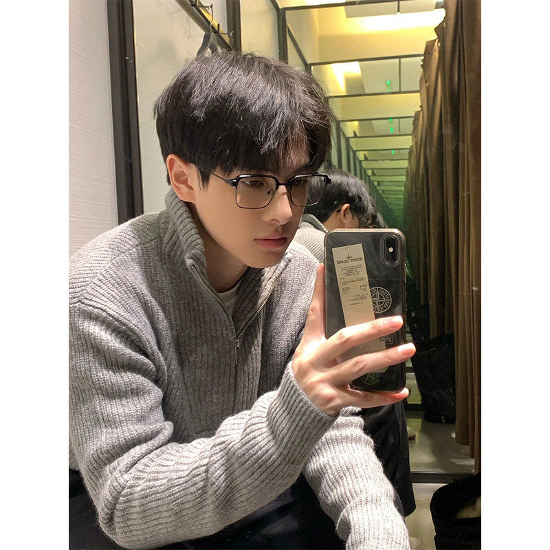 浅灰色半拉链毛衣男秋冬季高级感加厚保暖针织衫cleanfit羊毛外套