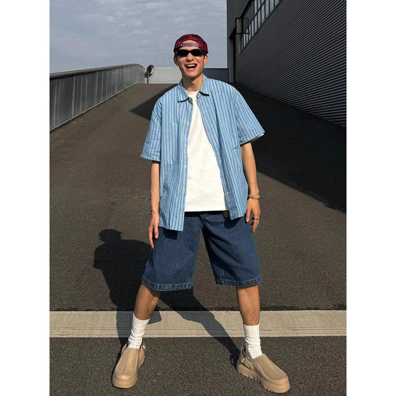 浅蓝色冰丝衬衫短袖男夏季日系复古竖条纹衬衣cleanfit防晒薄外套