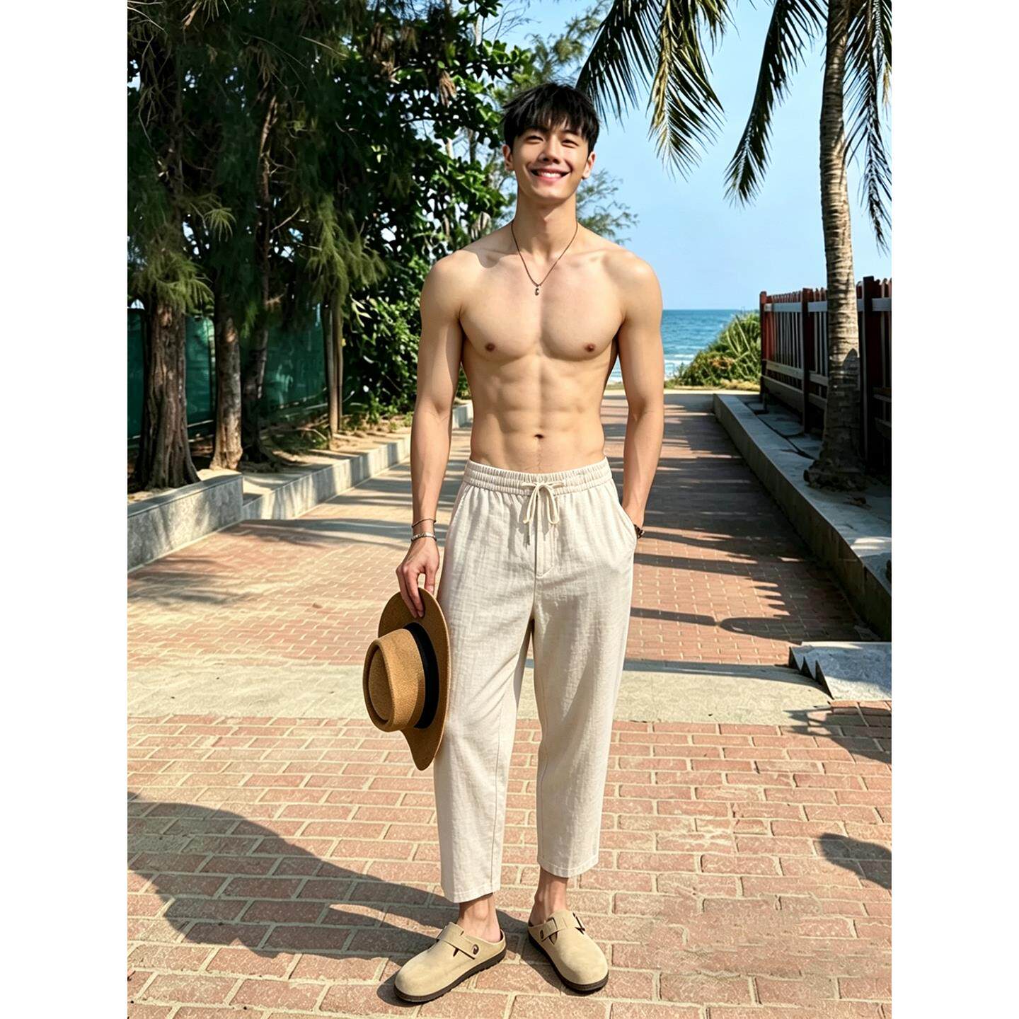 老钱风九分亚麻裤子男款夏季薄款舒适透气休闲裤松弛感直筒棉麻裤