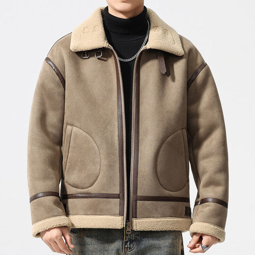 美式复古撞色麂皮绒加厚保暖棉衣外套男2025冬季宽松羊羔毛棉服潮