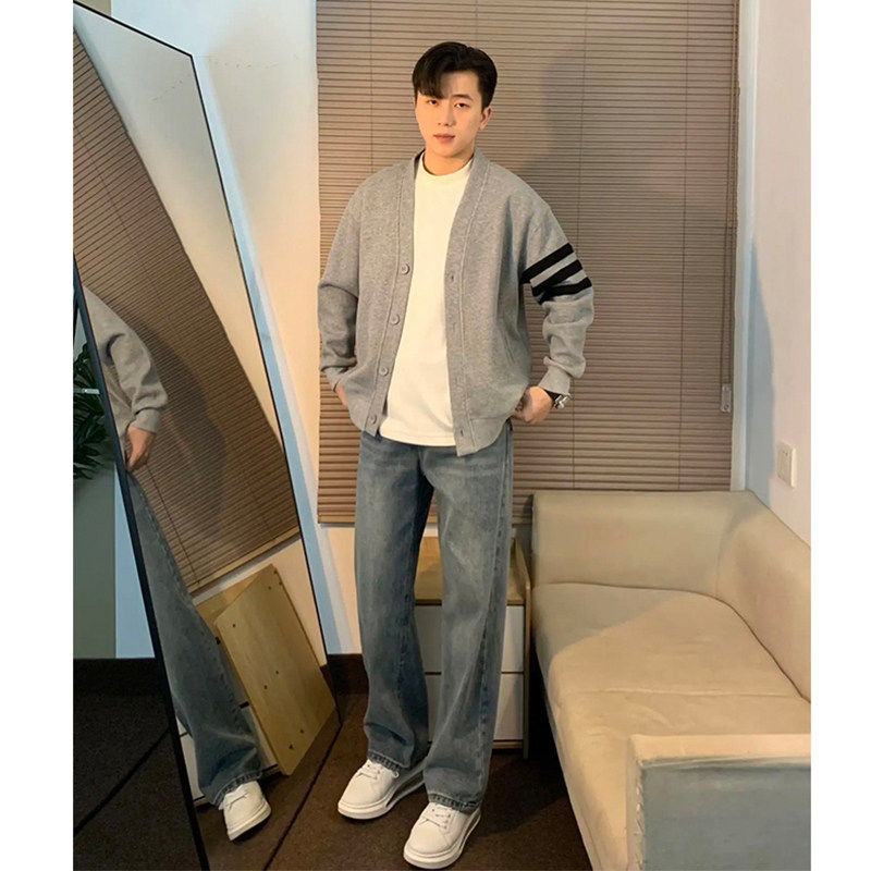 灰色三条杠针织开衫外套男春秋款高级感v领卫衣cleanfit无领夹克