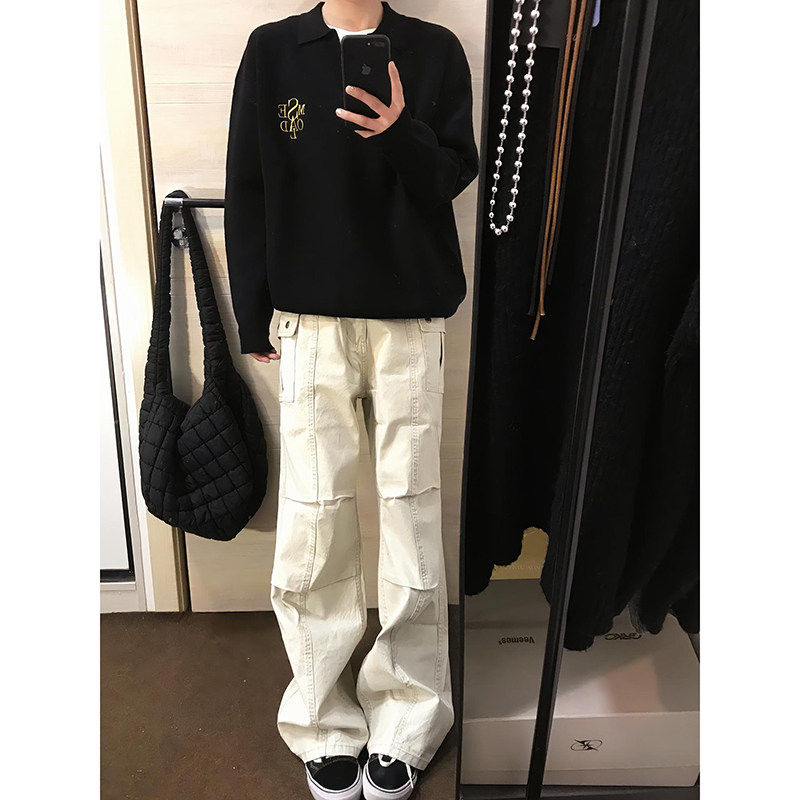 美式褶皱白色工装裤男款cleanfit微喇叭牛仔裤阔腿宽松直筒裤子