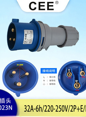CEE-023N工业电源插头连接器32A-6h/220-250V/2P+E公母快速对插
