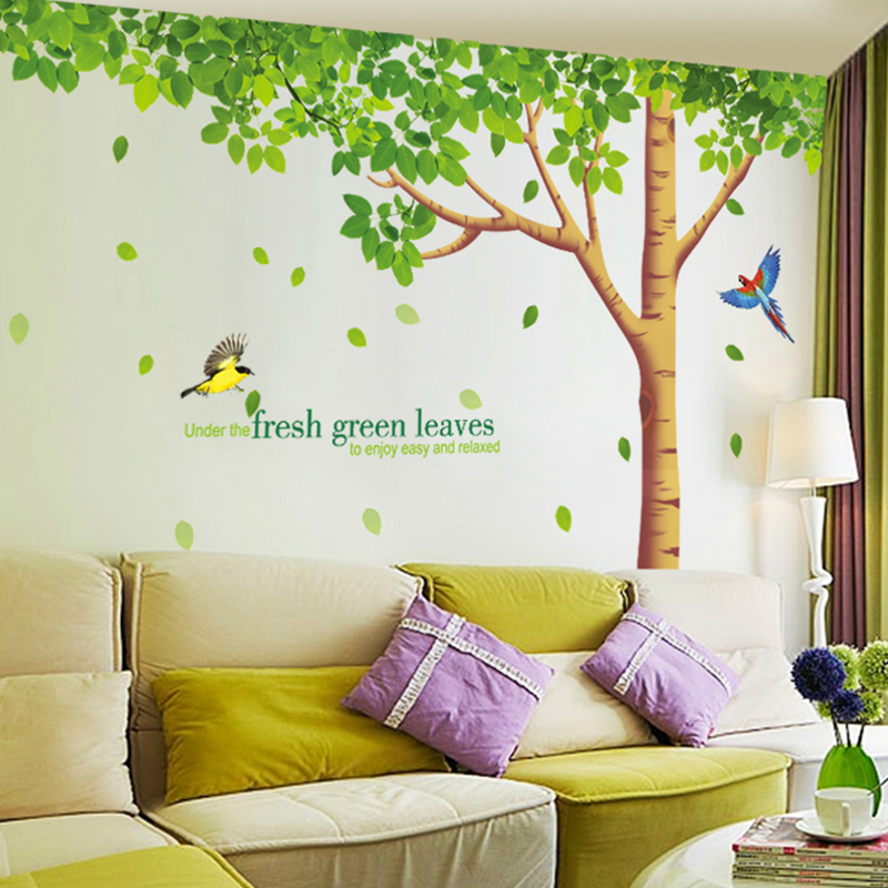 可移除大型自粘绿树叶墙贴纸客厅电视沙发背景墙装饰卧室床头贴画图片
