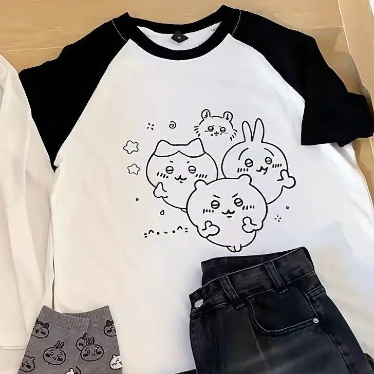 thumbnail for The two-dimensional subculture cute chiikawa raglan sleeve short sleeve T-shirt loose casual top soft house cute girl student