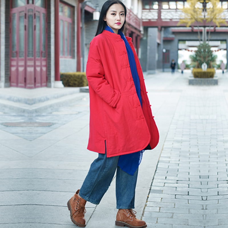 中国风秋冬季棉衣复古宽松外套民族风棉麻中长款棉袄棉服女装上衣