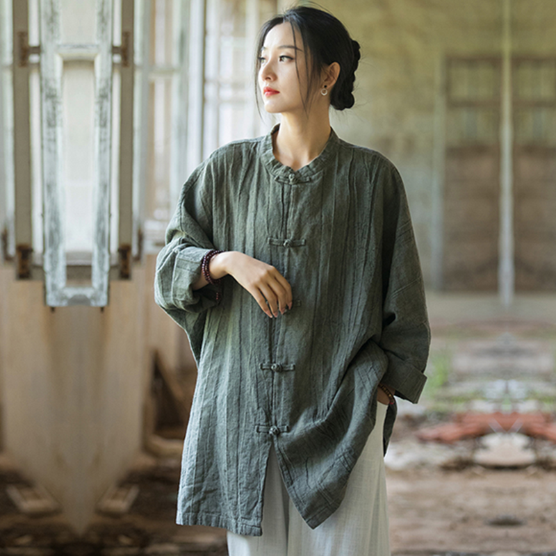 春秋季苎麻中国风复古宽松V领禅意文艺棉麻短外套长袖女装上衣女