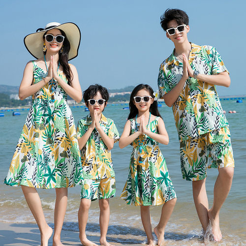海边沙滩亲子装母女裙一家三四口