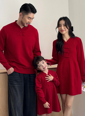 新中式中国风亲子装秋冬毛衣洋气红色母女连衣裙过年拜年服家庭装