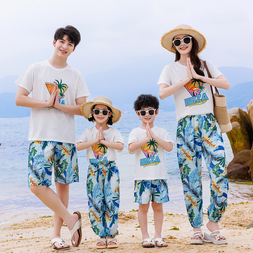 亲子装夏季海边度假沙滩装九分裤防蚊套装一家三四口旅游穿搭母女