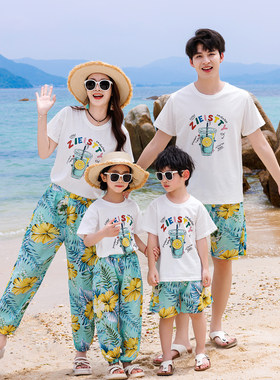 沙滩亲子装夏装一家三口四夏季出游海边度假母女防蚊长裤套装母子