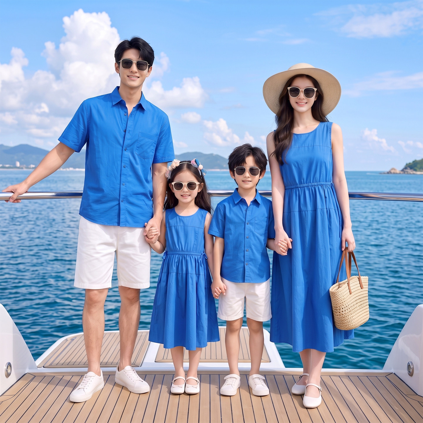 亲子装夏季海边沙滩度假母女装无袖背心连衣裙一家三四口衬衣套装