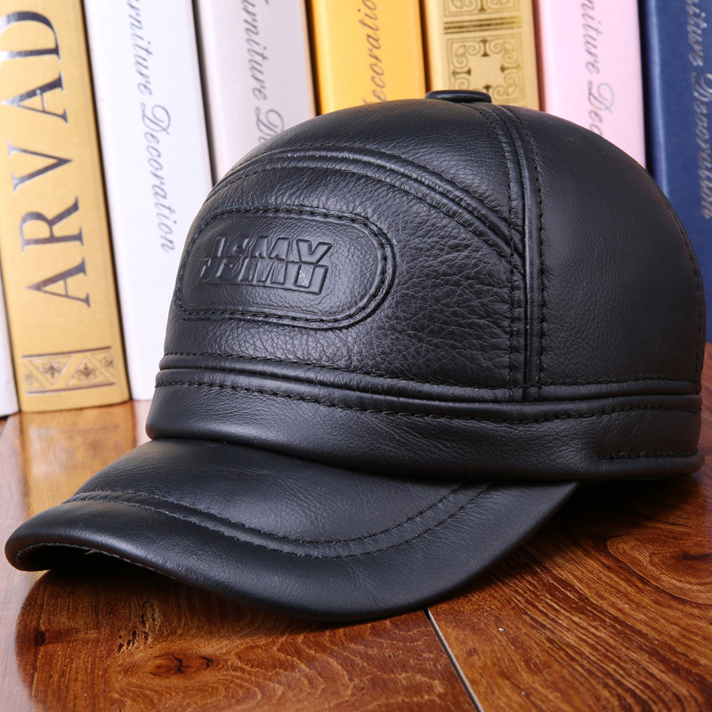 棒球帽秋冬季男士真皮帽子牛皮加棉带护耳鸭舌帽中老年皮帽子防寒
