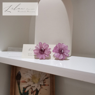 LILAC手作日本进口真花瓣百日菊淺紫永生花超仙耳夹耳钉耳环女