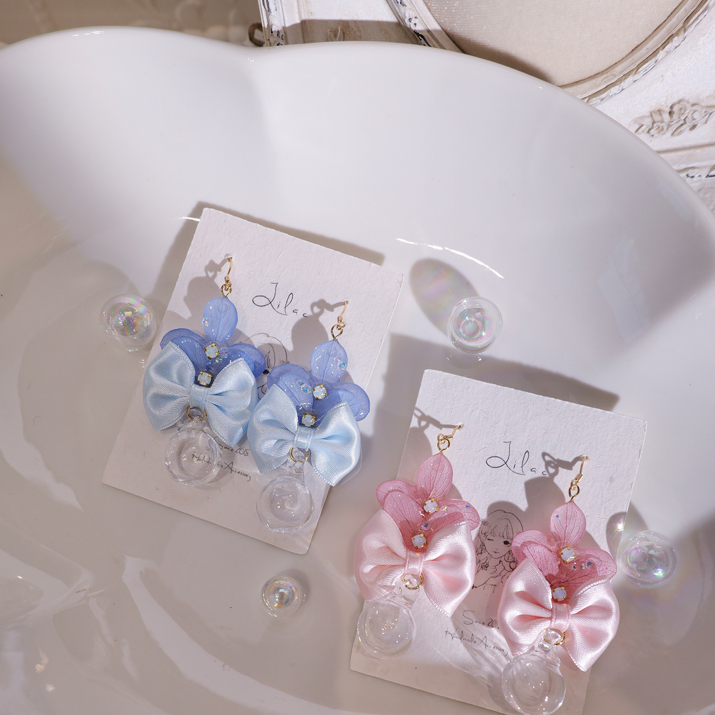 LILAC原创手作甜美可爱蝴蝶结蓝色花朵粉色真花水球丝带耳钉耳环,个性定制/设计服务/DIY,耳饰定制,淘宝优惠券,粉丝福利购,淘宝优惠卷