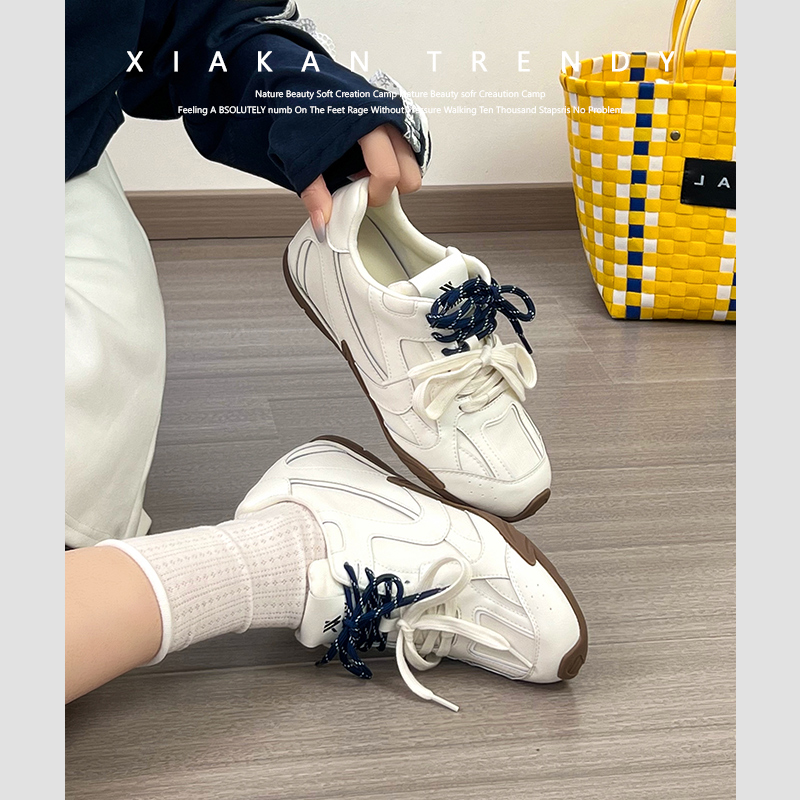 夏侃XIAKAN 内增高4cm小白鞋女2025年新款缪系真皮德训鞋休闲单鞋