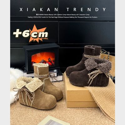 夏侃XIAKAN 费尔岛6cm增高厚底真皮雪地靴女加绒冬季棉鞋勃肯鞋女