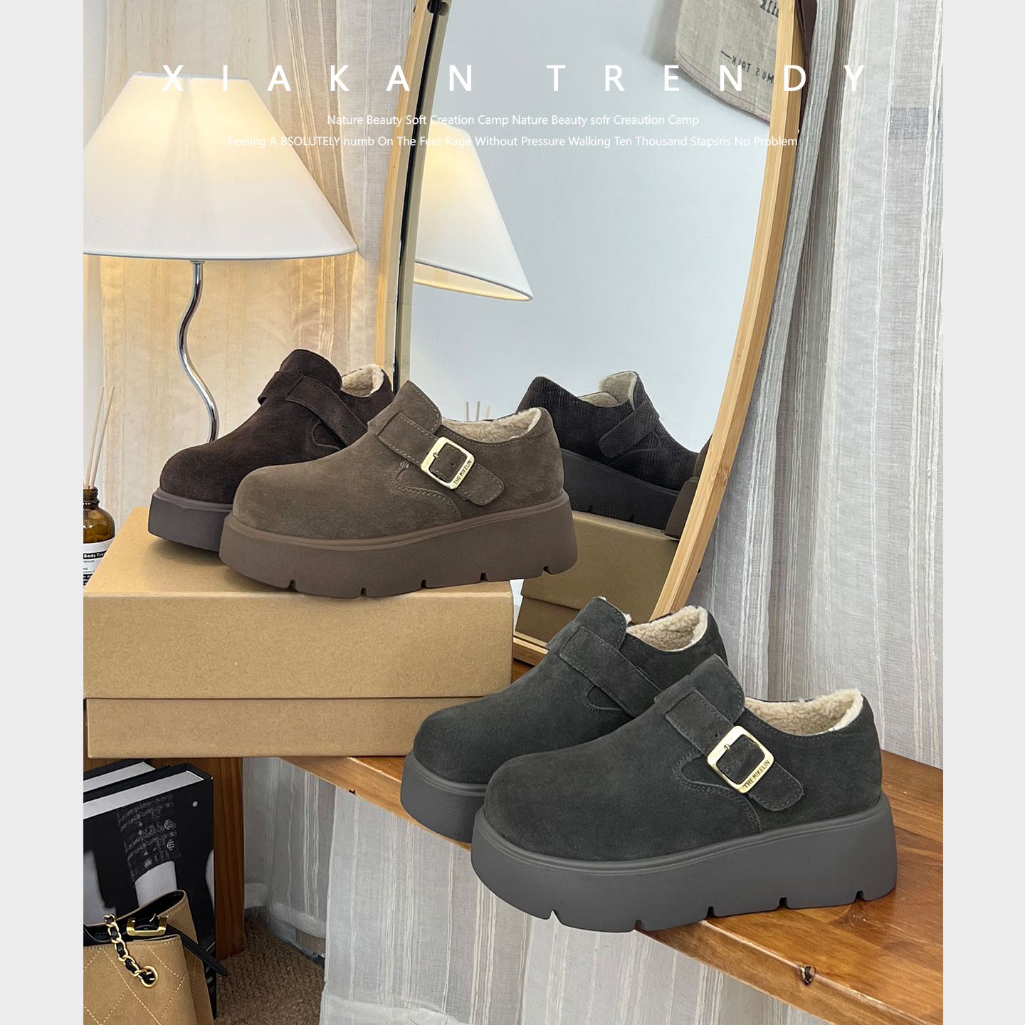 夏侃XIAKAN 厚底增高6cm加绒时尚勃肯鞋女冬季保暖雪地靴毛毛鞋潮
