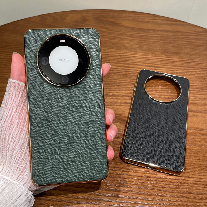 适用华为mate60pro手机壳新款高级感十字纹皮质Mate 60pro+真皮电镀边框超薄全包外壳mate60防摔高档轻