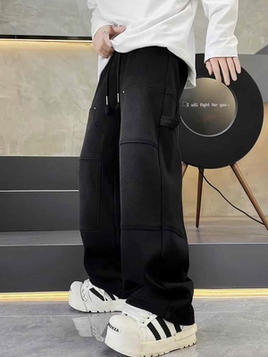 2025新款潮牌冬季加绒工装裤男美式宽松直筒休闲裤卫裤百搭长裤子