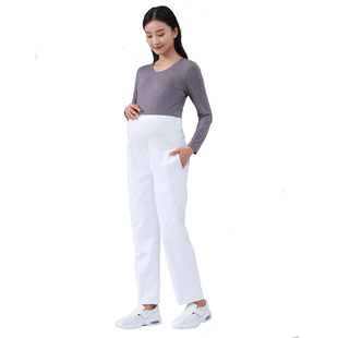 孕妇护士裤全托腹松紧腰可调节白色蓝高端冬季加厚款女大码工作裤