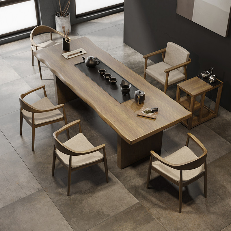 后现代实木茶桌椅组合一桌五椅家用办公功夫大板桌泡茶台茶盘一体