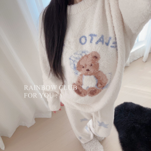 情侣款 家居服 秋冬半边绒保暖软绵绵可爱晚安小熊圆领可外穿男女款