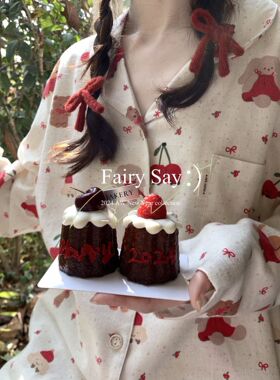 四季磨毛全棉可爱卡通动物樱桃红白长袖长裤睡衣韩国女士家居服套