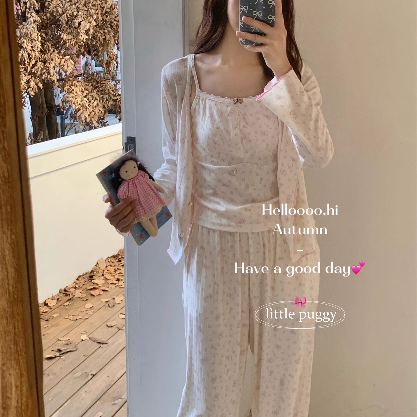 含胸垫针织三件套可外穿家居服女
