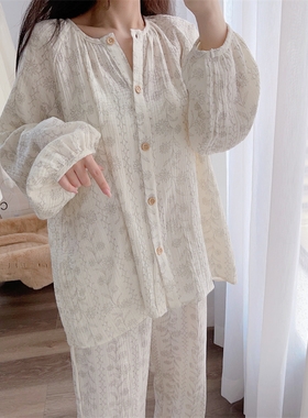 韩国纯棉纱布婴儿棉简约素雅线条花朵圆领宽松长袖长裤睡衣家居服