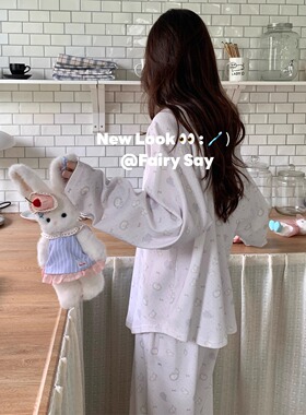 秋冬针织全棉打底衫套装可爱卡通圆领宽松长袖长裤家居服多色女士