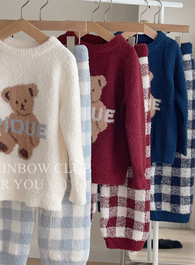 亲子软绵绵三色套装冬加厚半边绒男童女童长袖长裤睡衣家居服套装