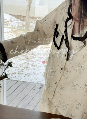 CHERRY PUPPY全棉磨毛黑白蝴蝶结长袖长裤套装韩国睡衣居家服四季