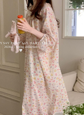 FAIRY SAY两色剪花睡裙韩系清新春夏碎花蝴蝶结花边纯棉家居服裙