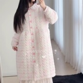 秋冬三层绗棉夹棉长袖 睡袍韩系可爱娃娃领蝴蝶结长款 保暖家居服女