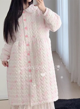 秋冬三层绗棉夹棉长袖睡袍韩系可爱娃娃领蝴蝶结长款保暖家居服女