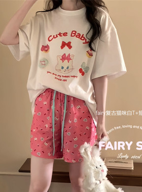 fairy Say夏卡通多色短袖全棉T恤短裤长裤休闲家居服睡衣女可外穿