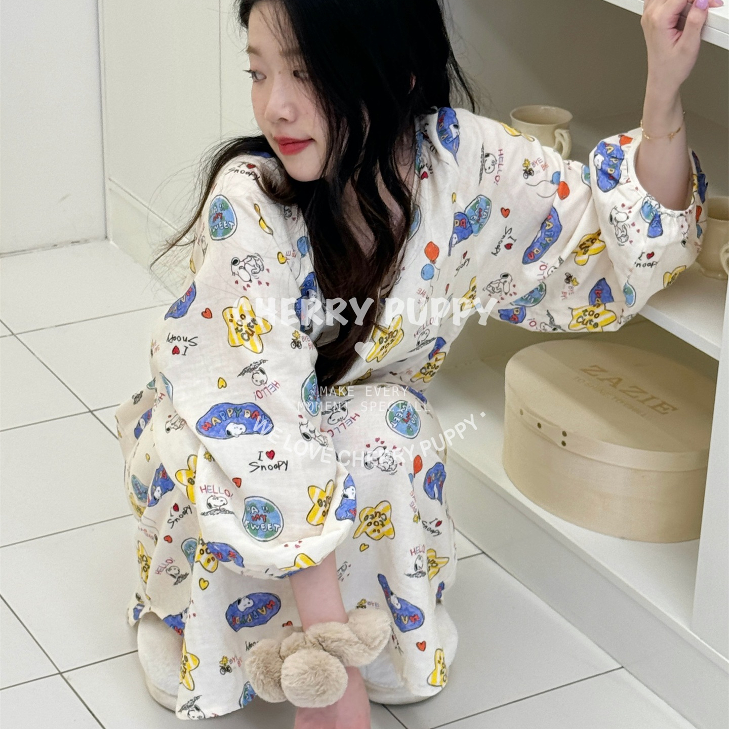 CHERRY PUPPY睡裙可爱卡通狗狗长袖宽松裙子A类棉纱睡衣居家服女