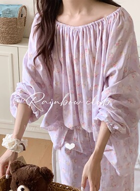 韩国棉四季宽松双层纱布大圆领可露肩宽松睡衣家居服套装女可外穿