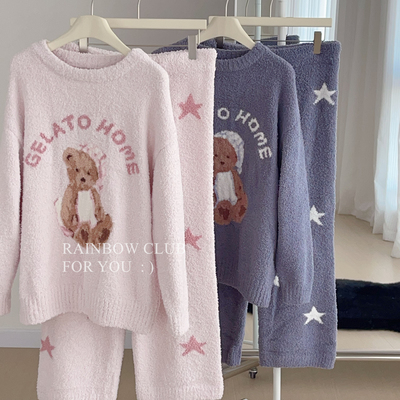 秋冬女半边绒圆领睡衣套装