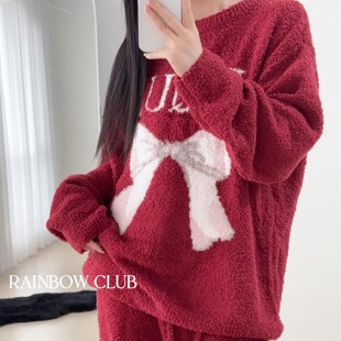 秋冬软绵绵半边绒保暖家居服可爱甜美蝴蝶结圆领长袖长裤可外穿女