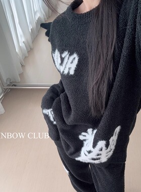 可外穿保暖秋冬半边绒软绵绵圆领长袖长裤简约黑色家居服套装女士