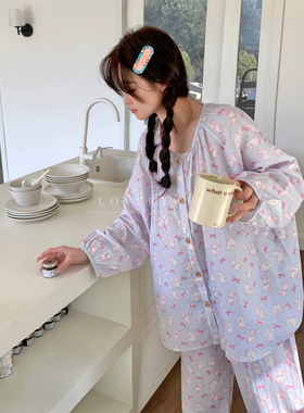 四季LOVERYYYS双层纱布圆领开衫长袖长裤宽松温柔紫色睡衣家居服