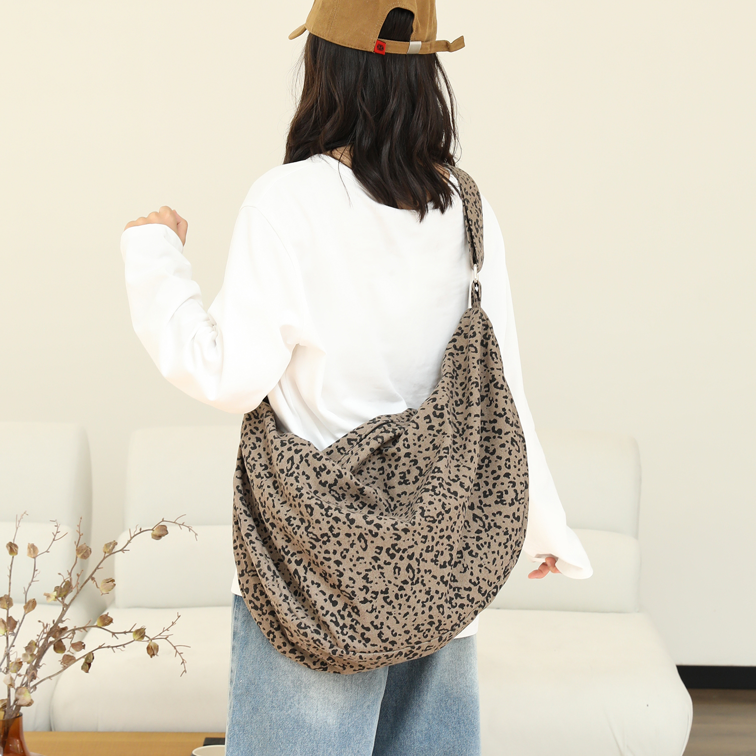 秋冬豹纹帆布包女单肩斜挎饺子包