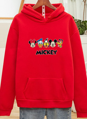 米奇连帽卫衣女2022秋冬新款韩版加绒加厚大码百搭套头上衣潮