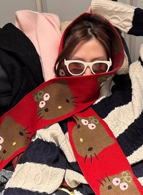 心动的瞬间原创Kitty像素围巾围脖女韩系氛围感可爱KT猫红色新年