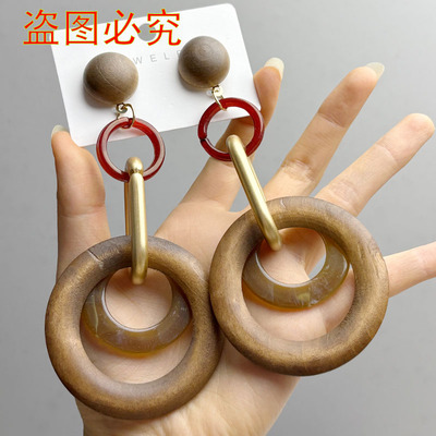 复古简约夸张木质大圆圈耳环女时尚百搭木头耳坠高级感气质耳饰品