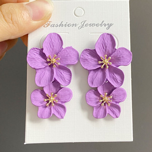 欧美个性时尚耳饰网红多色双层夸张花朵耳钉五叶花耳环女简约