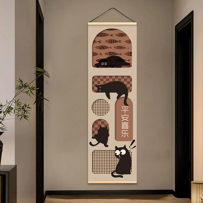 中古风竖版装饰挂画走廊书房楼梯简约动物猫咪墙面装饰布艺挂帘图片